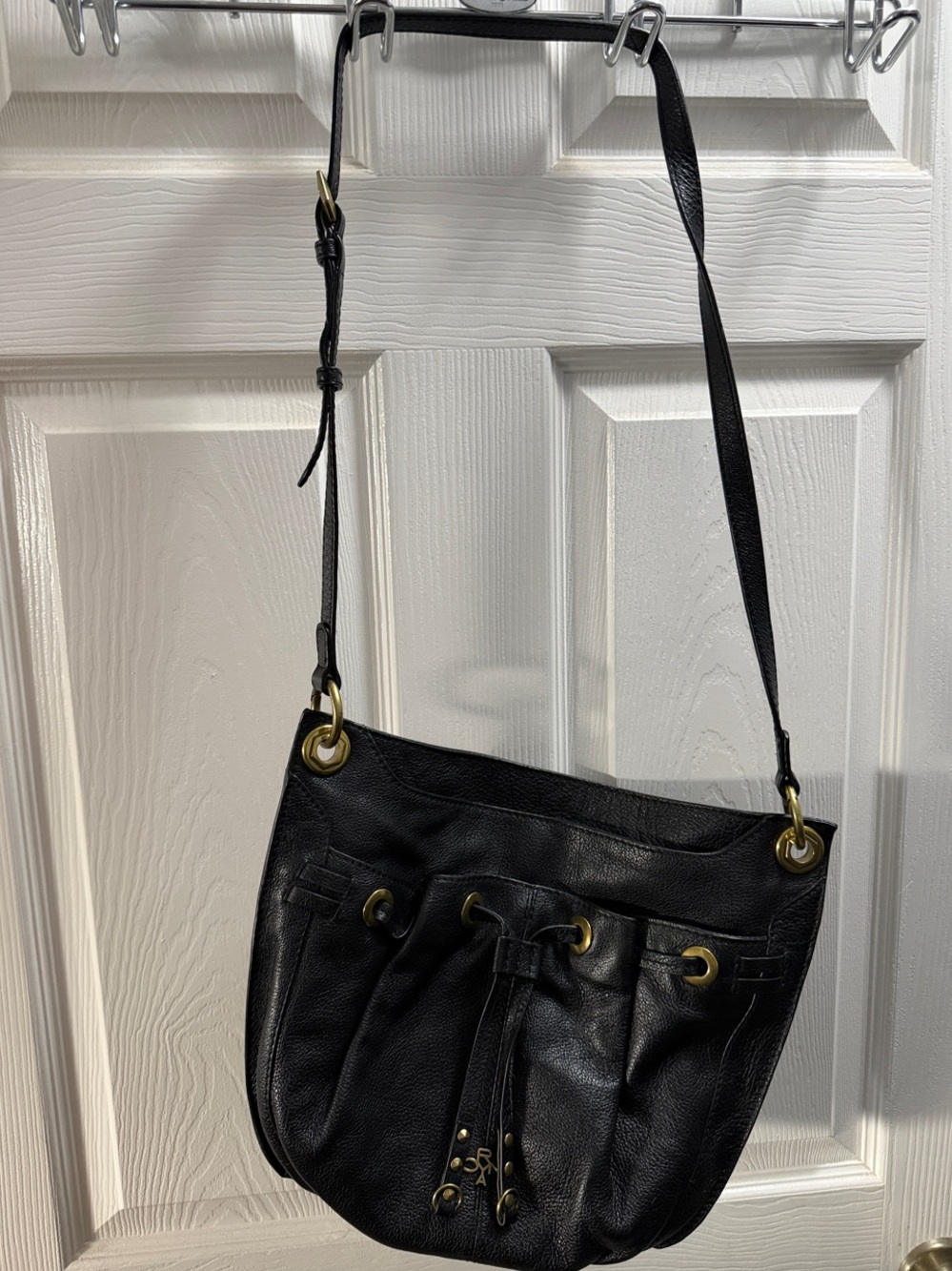 orYANY Black Pebbled Leather Drawstring Crossbody with Gold Hardware